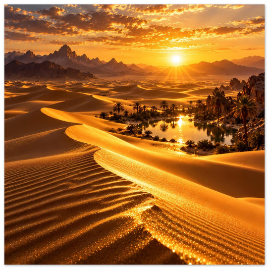 Wüstenlandschaft-Poster mit Dünen, Palmen-Oase und goldenem Sonnenuntergang am Horizont