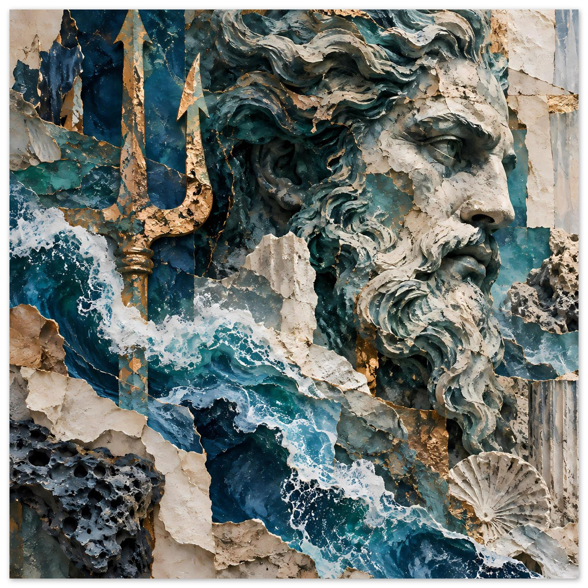 Neptun-Poster: antike Skulptur im Meer-Farbmotiv, Trident, Wellen und Muschel