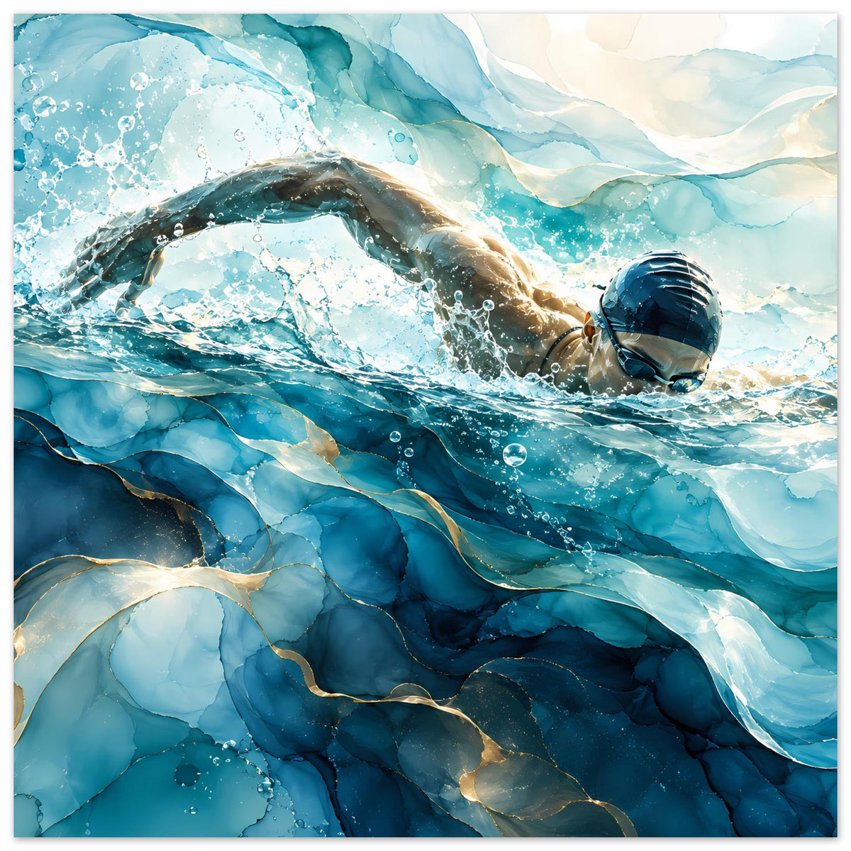 Schwimmer-Poster im Blau: Weitwinkel-Unterwasserbild mit Taucher, Blasen und goldenen Fäden