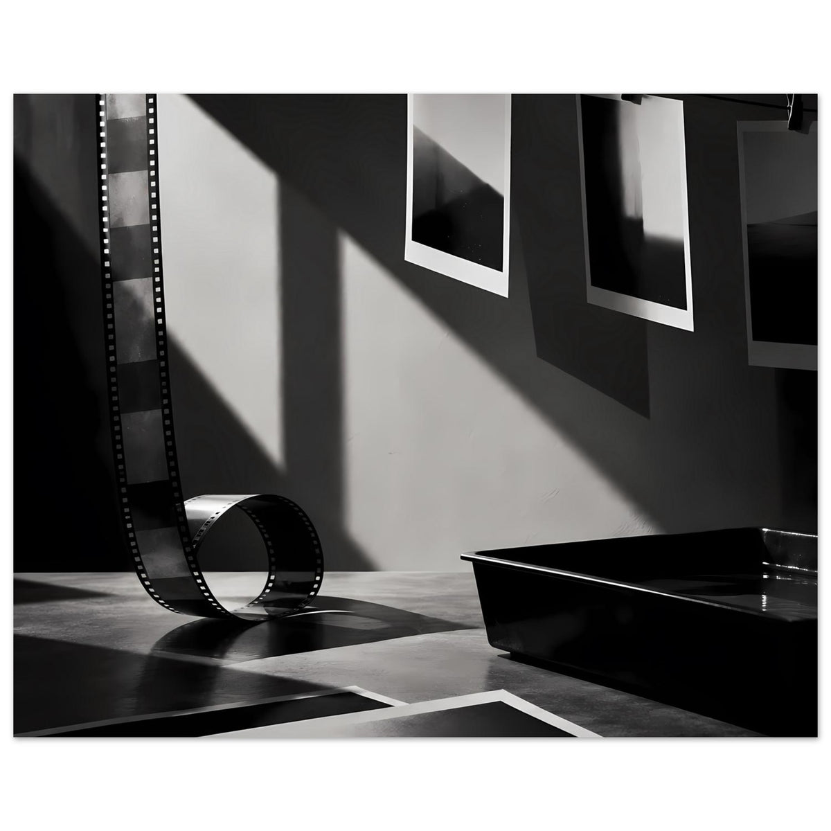 Poster „Analoge Dunkelkammer“ Schwarz-Weiß, breiter Ausschnitt: Filmstreifen und Schale