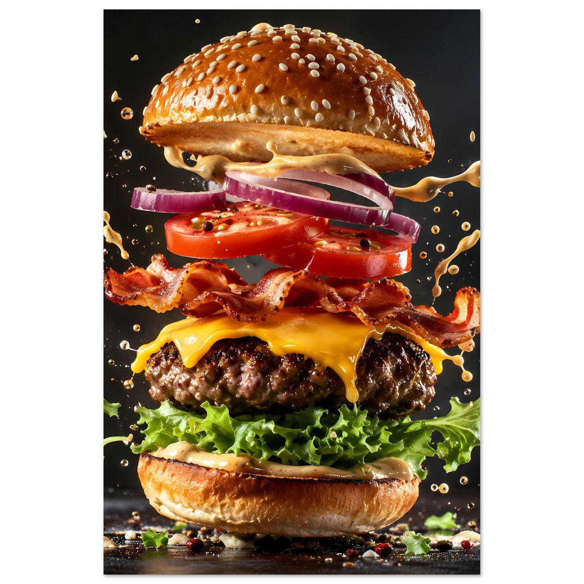 Burger-Poster im Hochformat mit Spritzdekor: Brötchen, Käse, Tomaten, Zwiebeln, Bacon, Salat