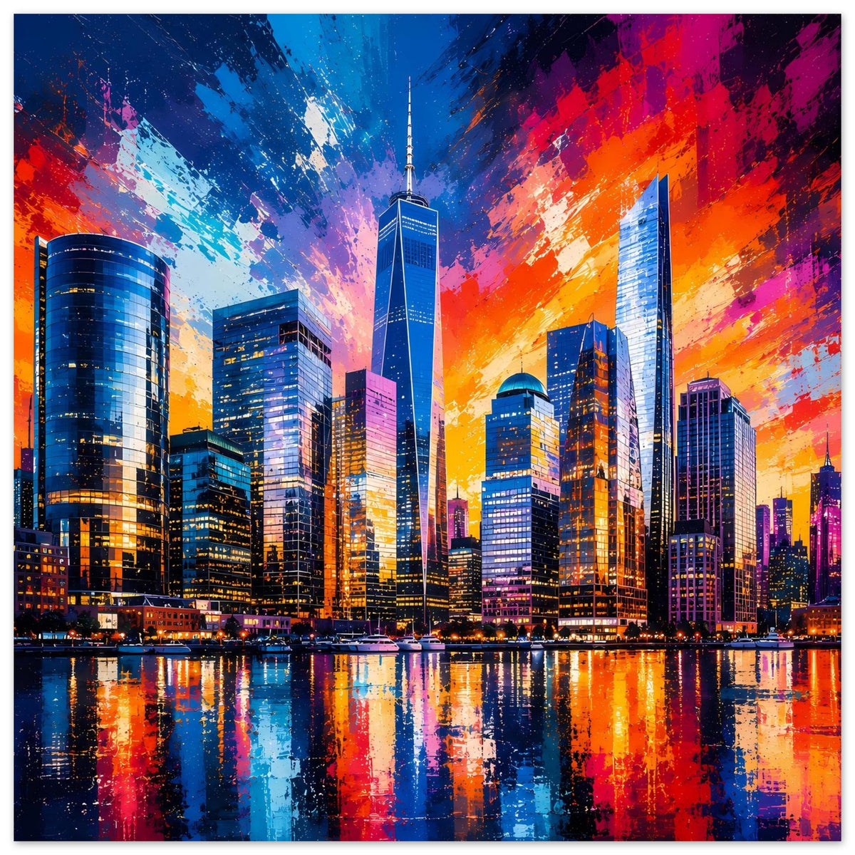Stadt-Poster mit dominanten Wolkenkratzern, bunten Pinselstrichen und Reflexion auf dem Wasser