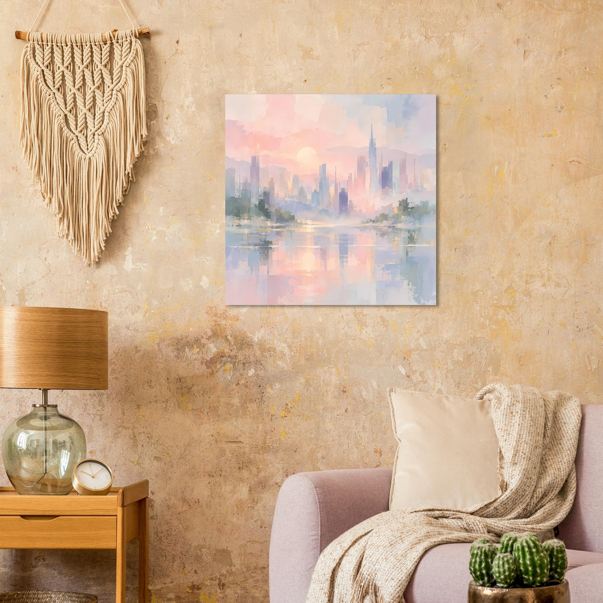 Quadratisches abstraktes Poster mit Stadtsilhouette, Pastellfarben und spiegelnder Wasserfläche