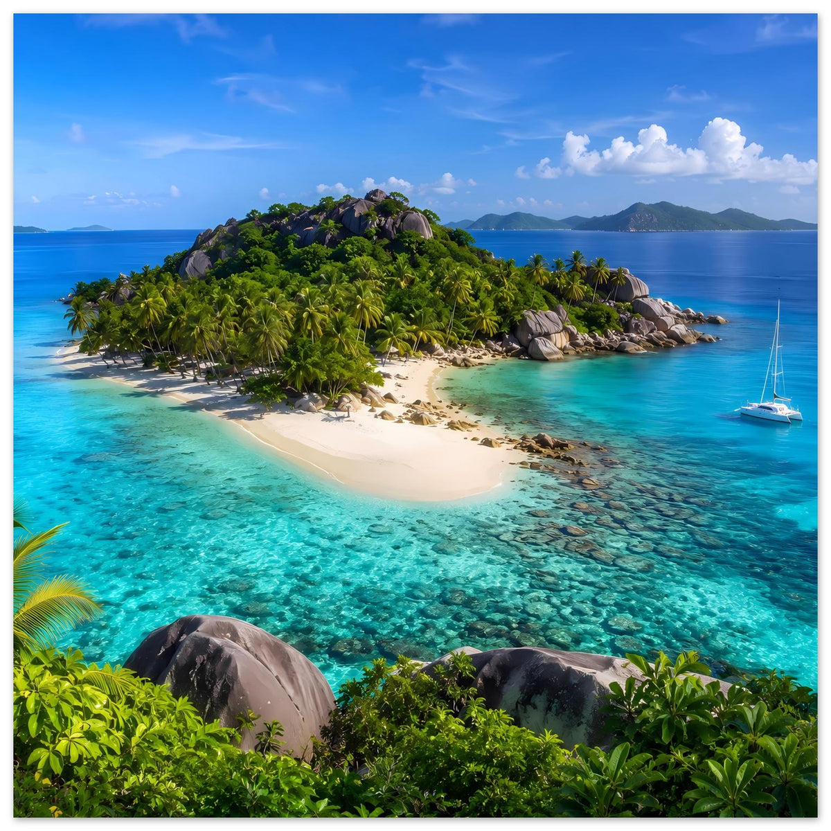 Tropisches Insel-Reiseposter, horizontale Ansicht mit türkisfarbenem Meer und Sandstrand