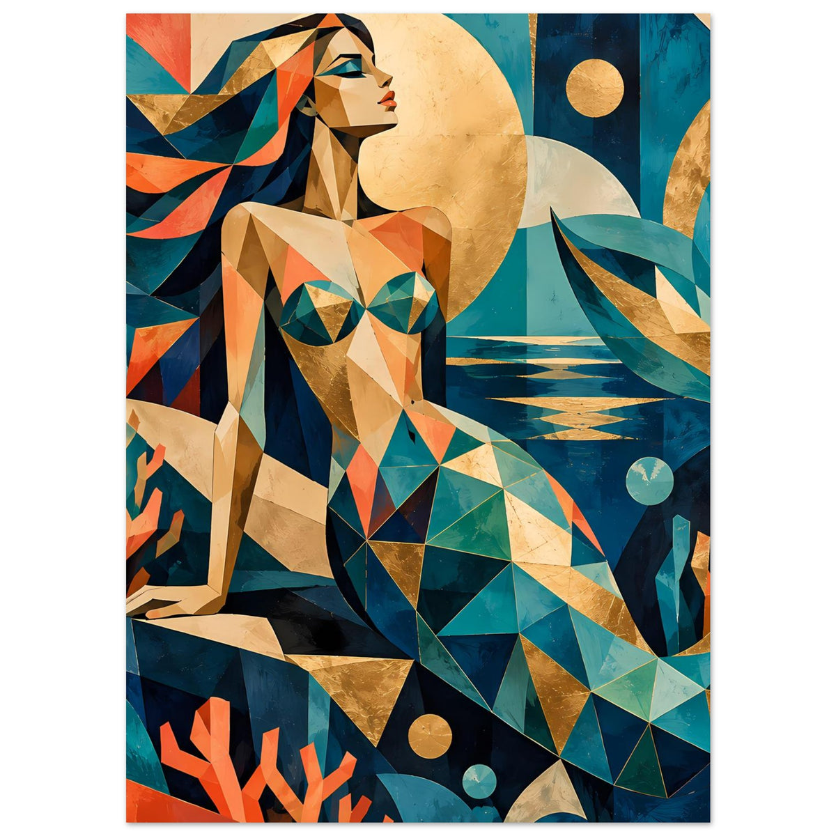 Geometrischer Meerjungfrauen-Kunstposter, Meerjungfrau mit Zickzack-Muster in Teal und Koralle