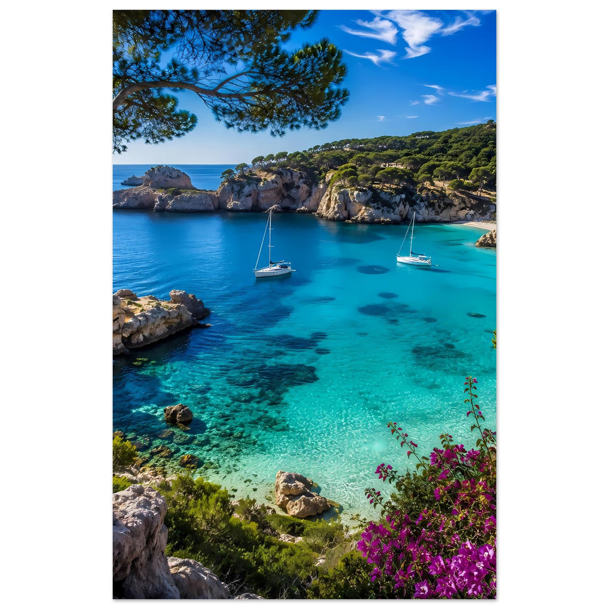 Mediterranes Küstenfoto-Poster: türkisblaues Wasser, Segelboote, Felsküste und violette Blüten unten