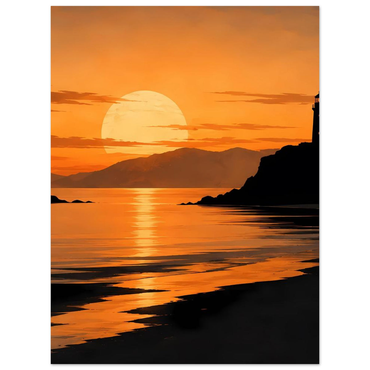 Küstenposter im Querformat mit Strand, spiegelndem Meer und untergehender Sonne