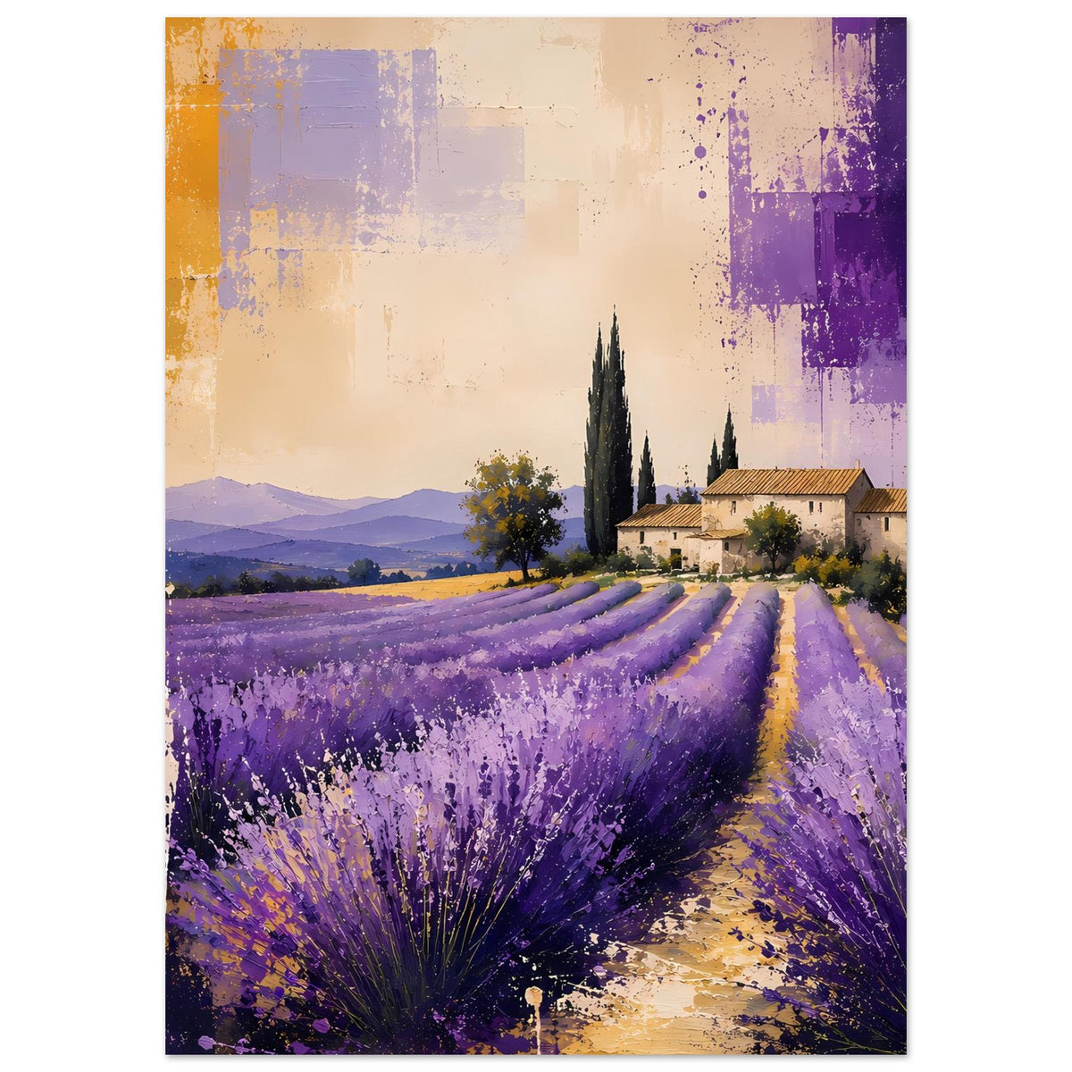 Kunstposter mit Lavendelfeld in Violett, Landhaus und Zypressen, gold-orange Farbverläufe