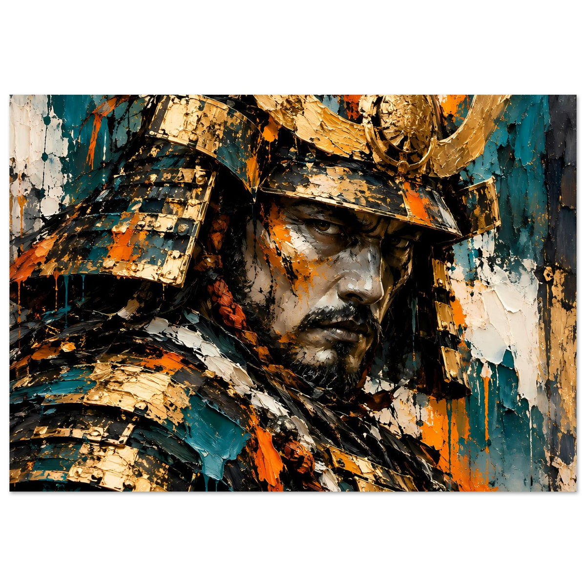 Poster im Querformat mit Samurai-Krieger, goldene Helmzier, starke Farbspritzer in Teal