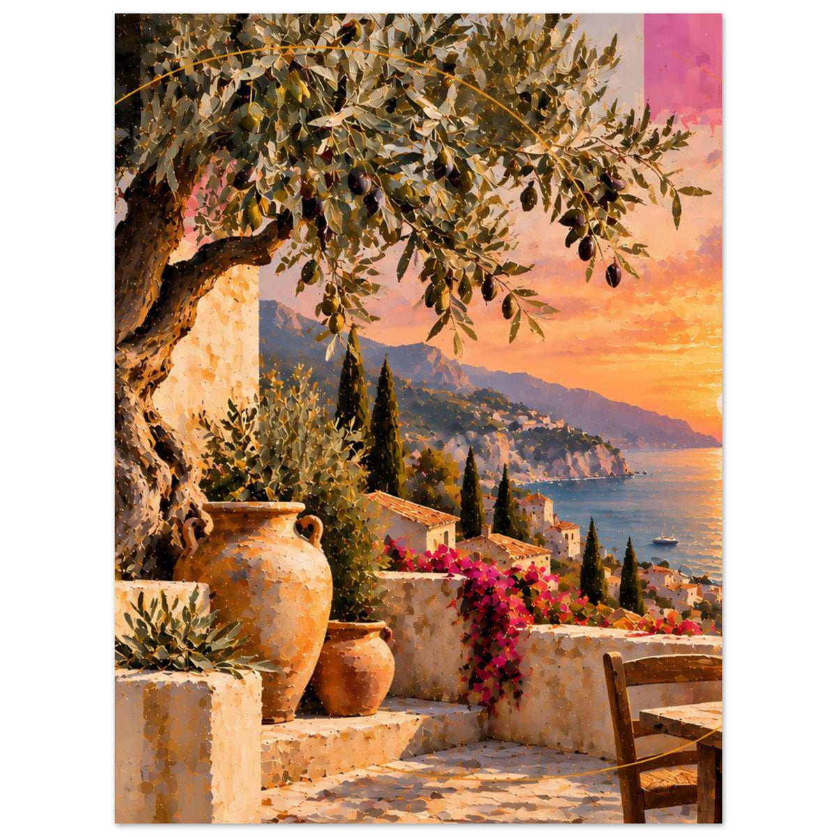 Poster mit mediterraner Terrasse: Olivenzweige, Ziervasen und Küste bei Abendlicht