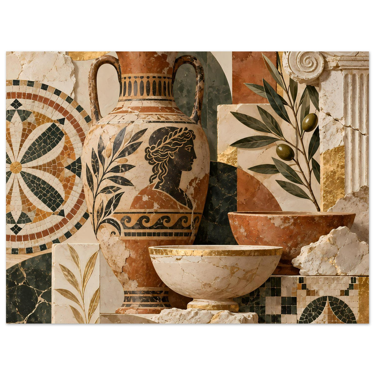 Breites mediterranes Mosaikposter mit Vase, Schale und Blattdekor vor Steinmosaik