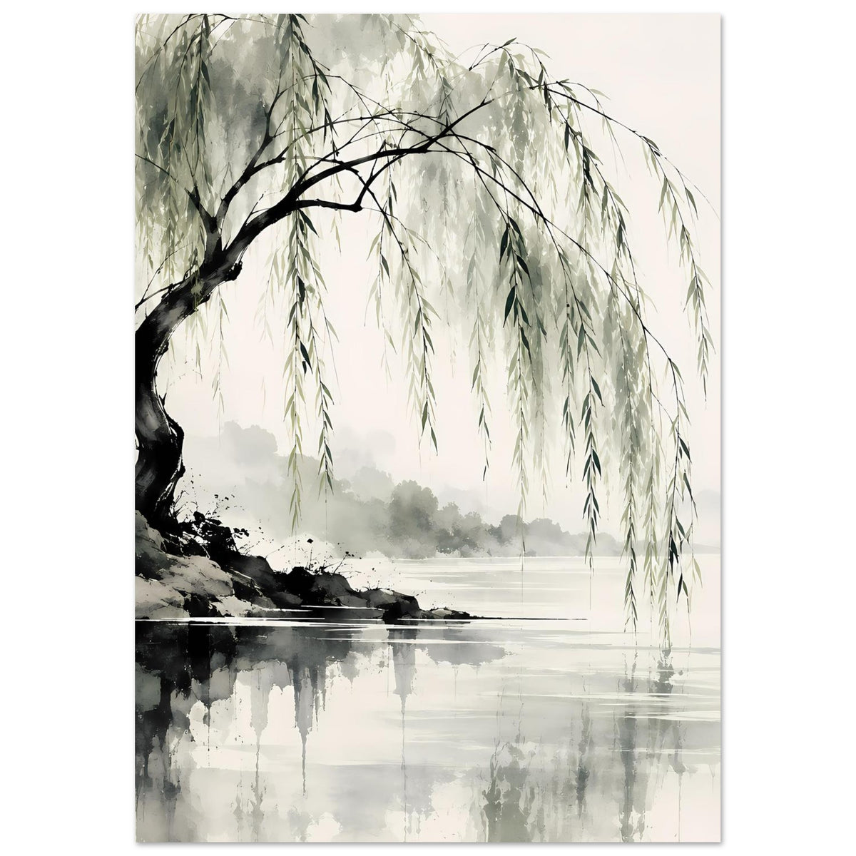 Naturposter Weidenbaum mit herabhängenden Zweigen, monochrome Grau- und Grünnuancen