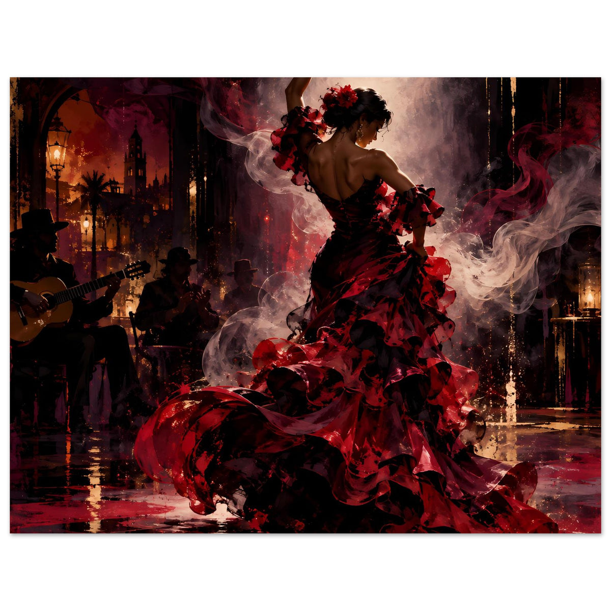 Flamenco-Passion Poster: Flamenco-Tänzerin im roten Kleid, Fokus auf Rockwirbel und Rauch