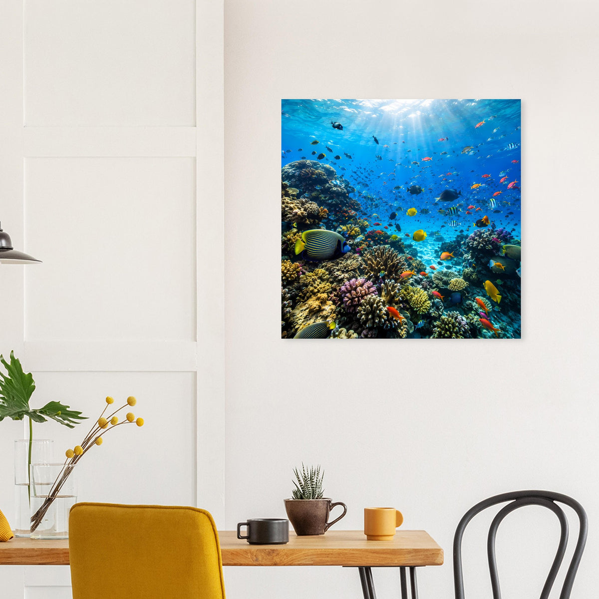 Quadratisches Poster: Korallenlandschaft mit Tropenfischen im blauen Wasser, schwarz gerahmt