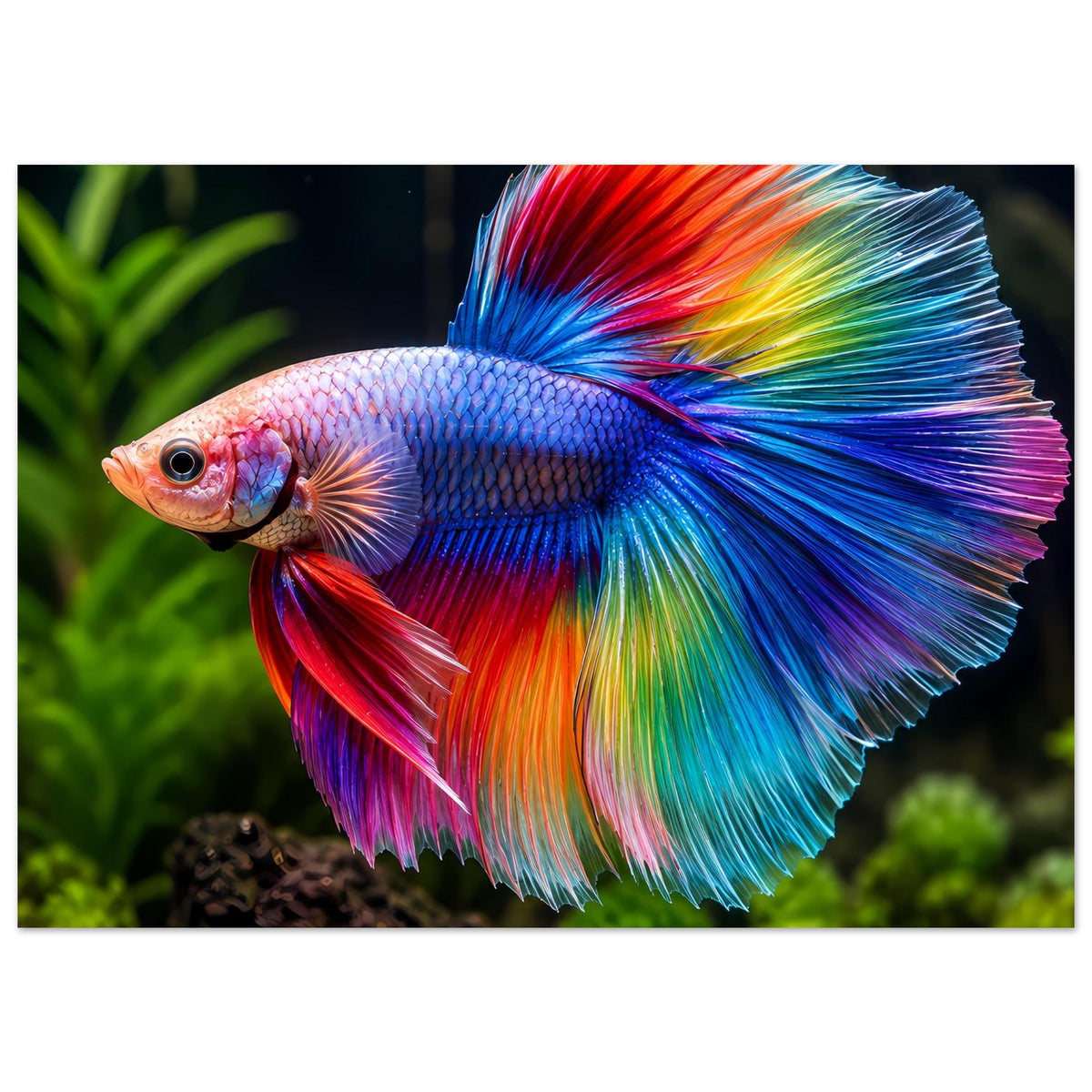 Poster mit Kampffisch-Betta, seitlich dargestellt; Regenbogenflossen leuchten in Blau und Rot