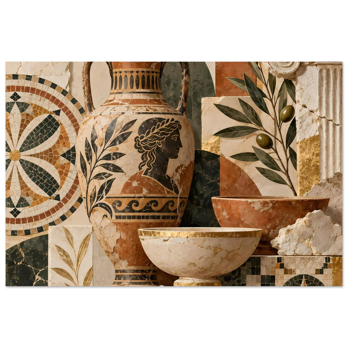 Horizontales Poster mit antiker Vase: Schale, Olivenzweig und Mosaikornamente.