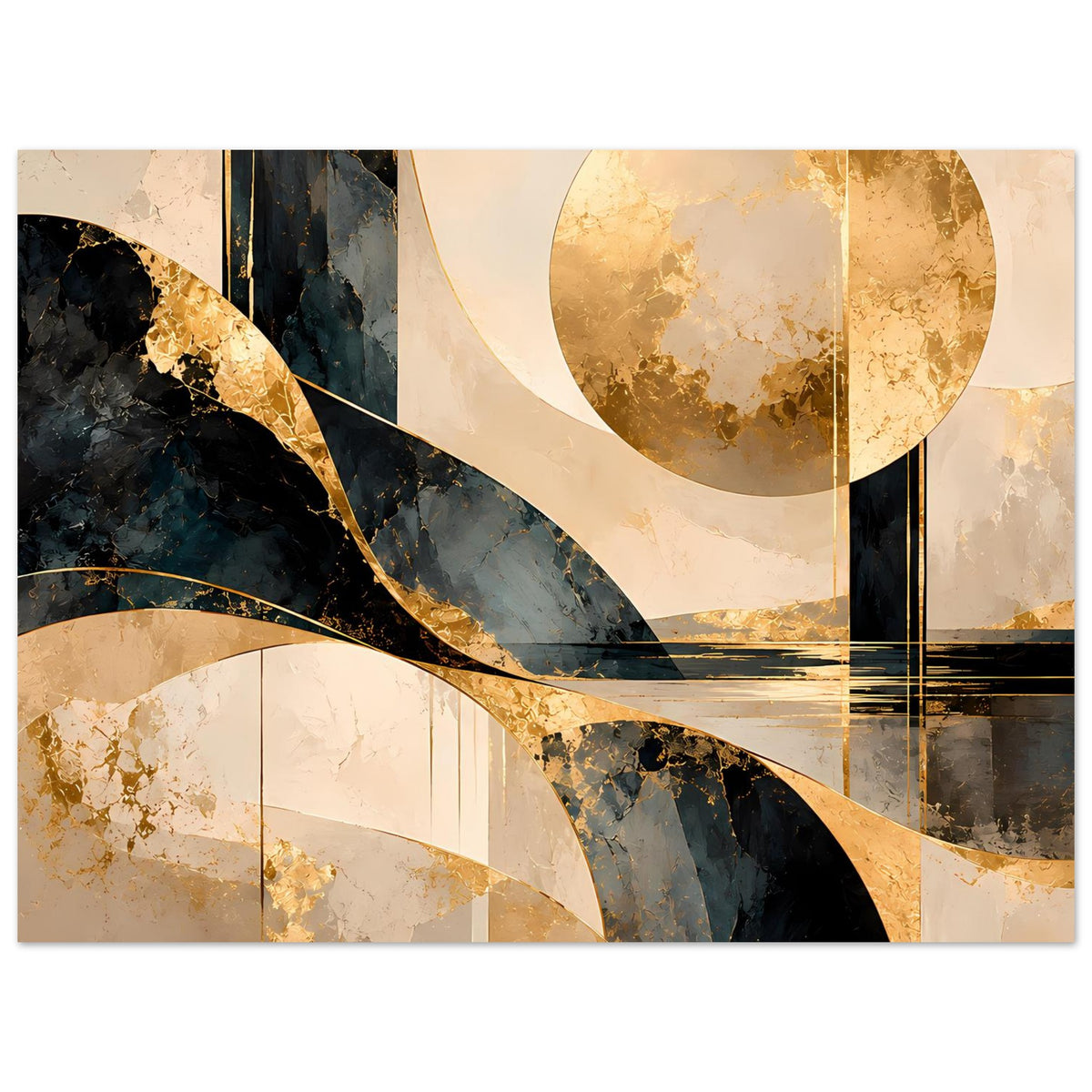 Abstraktes Poster im Querformat mit Gold- und Schwarzdesign, Kreisen, Bögen und Balken