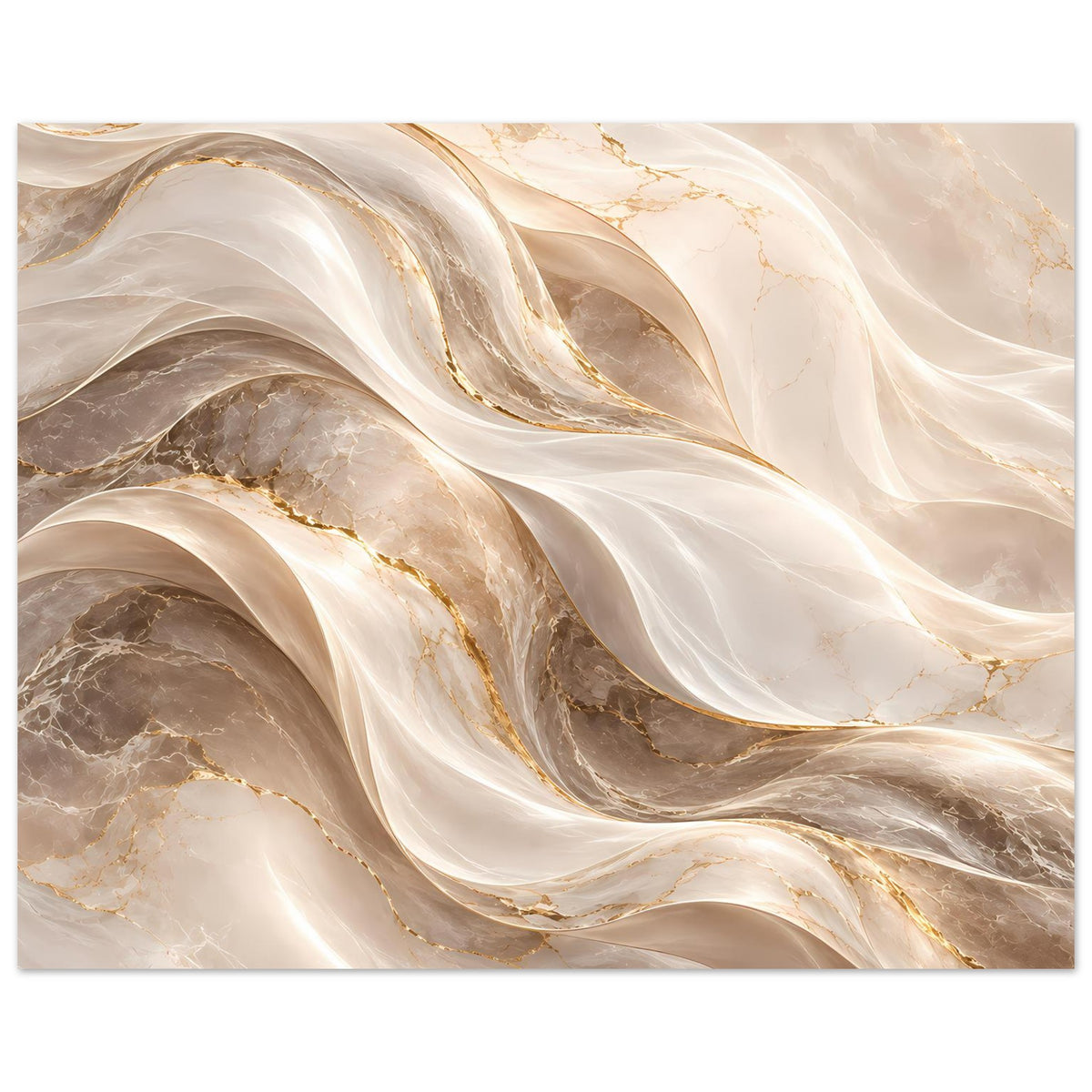 Abstraktes Wellen-Poster horizontal mit Wellen in Creme, Gold und Taupe, marmoriert.