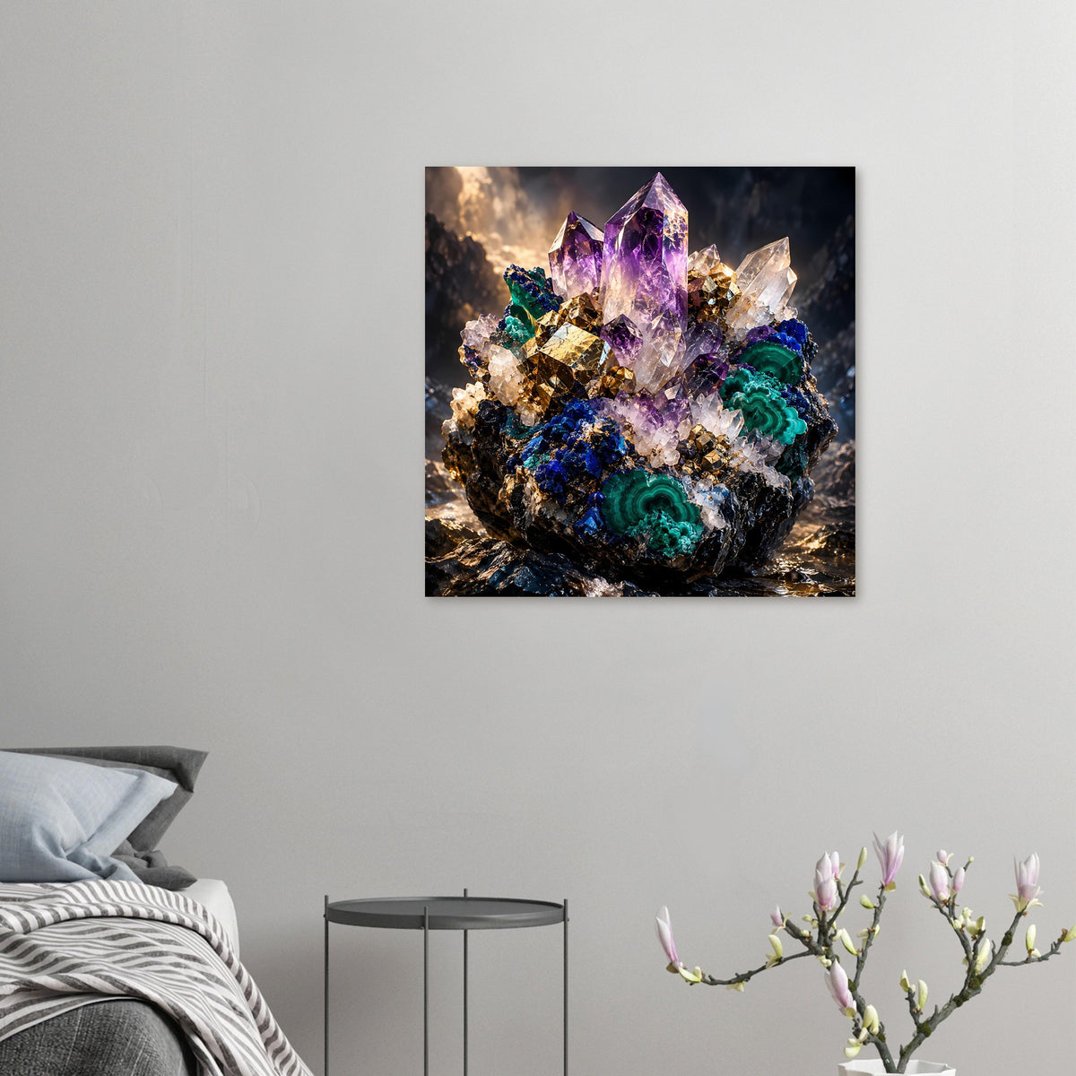 Kristallposter, klein dargestellt: violette Amethystspitzen und türkisgrüne Malachit-Facetten.