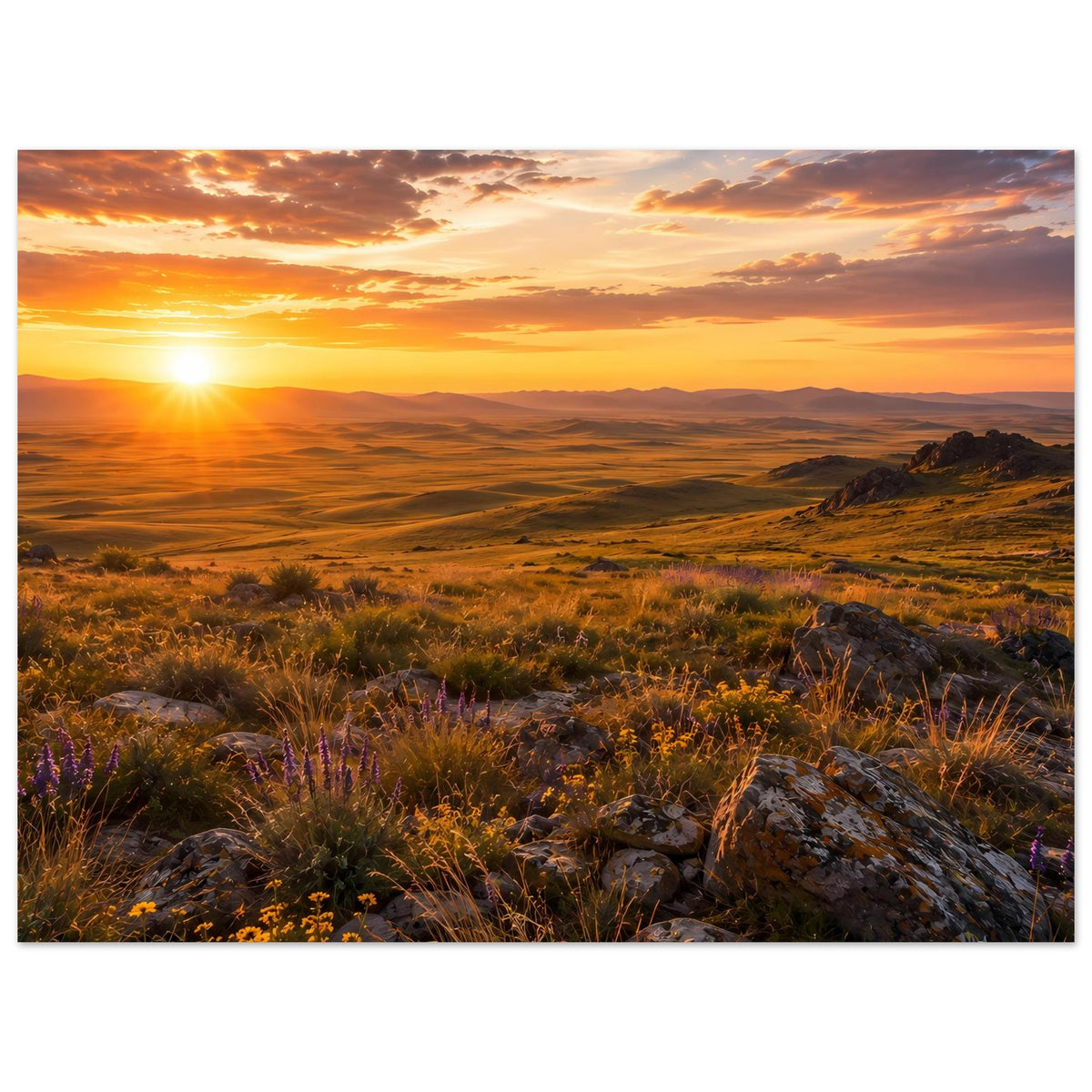 Landschaftsposter im Querformat mit Sonnenaufgang: goldenes Licht, weite Landschaft, Steine und Gräser