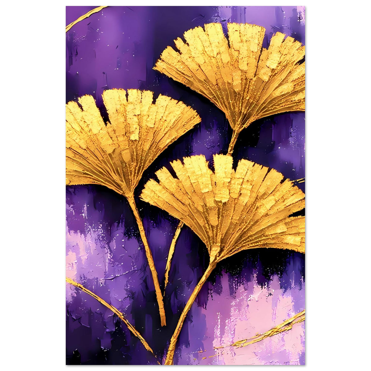 Poster mit goldenen Ginkgo-Blättern auf violettem, gemustertem Hintergrund