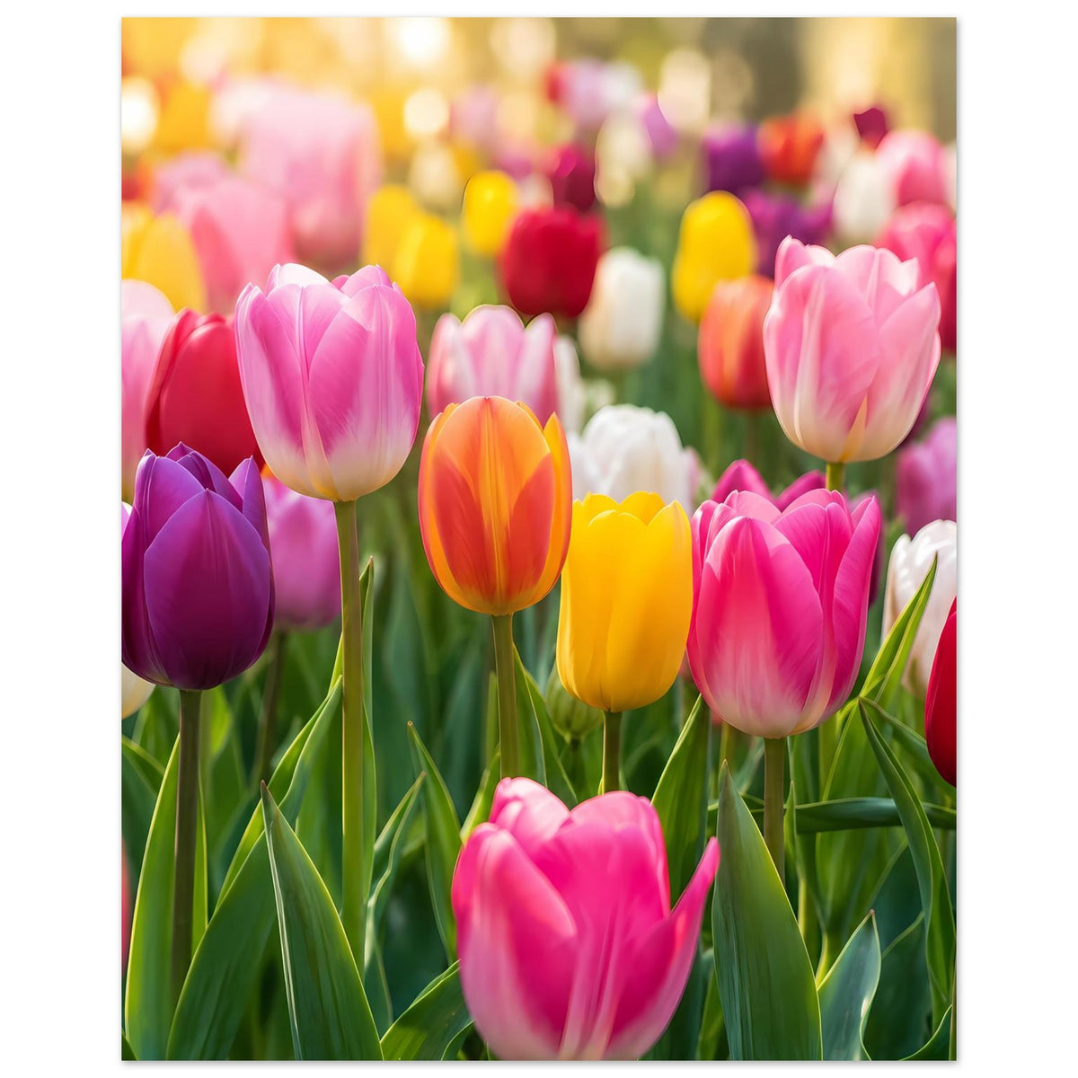 Vertikales Poster mit bunten Tulpen: pinke und gelbe Blüten vor grünen Stängeln