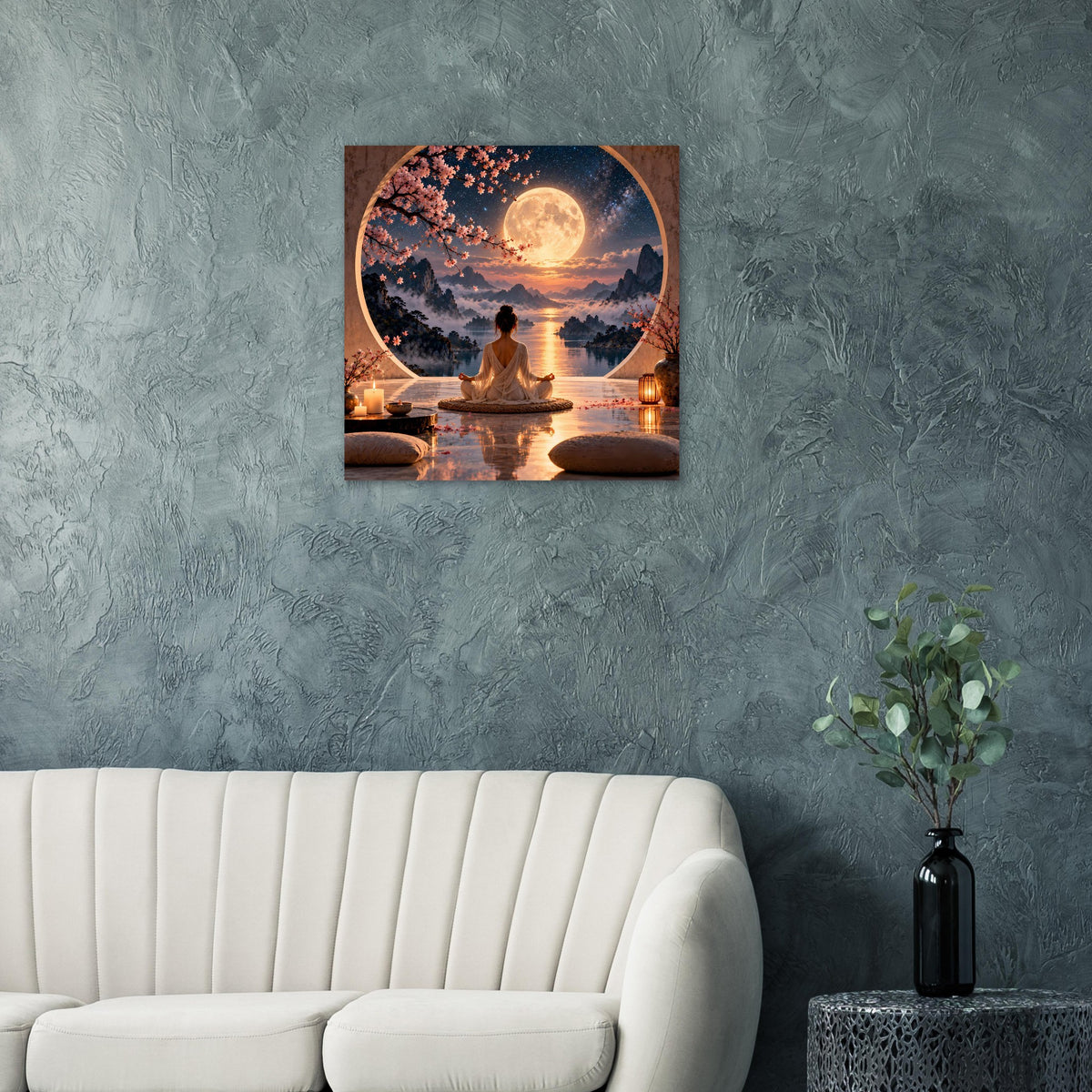 Meditationsposter auf hellblauem Hintergrund: meditierende Person am See, Vollmond im Kreis.