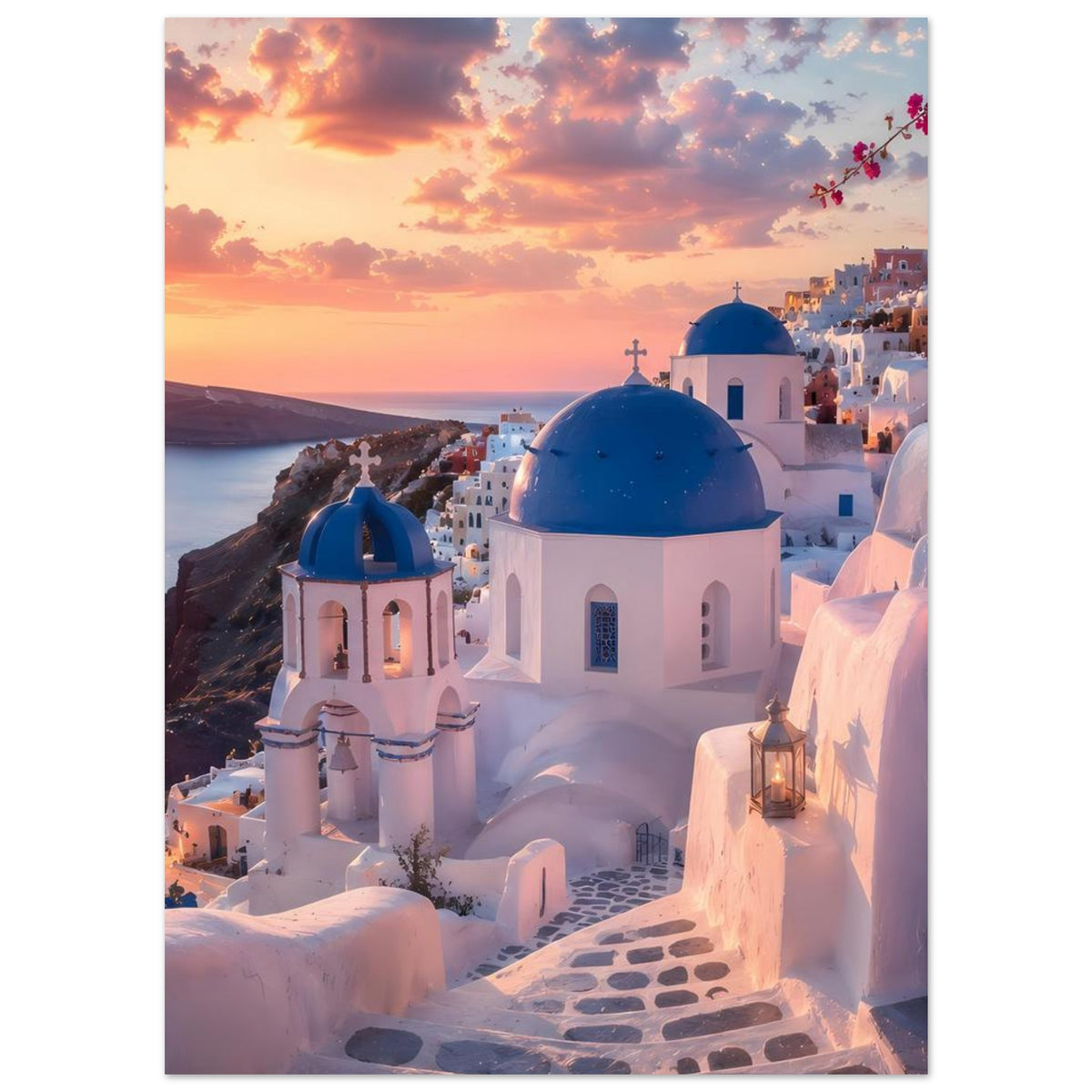 Poster mit Santorini-Blick: blaue Kirchenkuppel, weißes Gebäude, Treppe und Meer