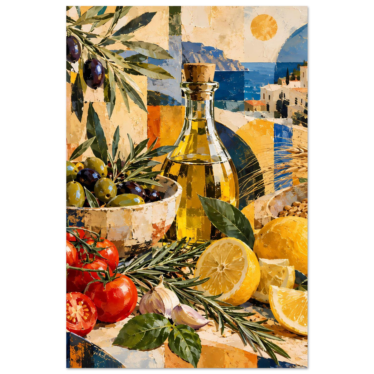 Vertikales Kunstposter mit Stillleben: Ölgflasche, Oliven, Tomaten, Zitronen und Weizen