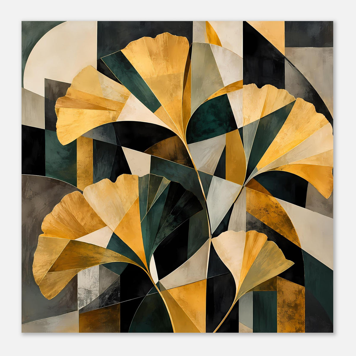 Abstraktes Blumenposter, gedämpfte Farben: Gold und Dunkelgrün mit weißen und schwarzen Flächen