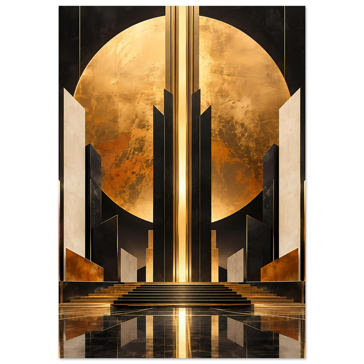 Art-Deco-Poster mit gold-schwarzem Kreismotiv, schwarzen Säulen und spiegelnder Basis