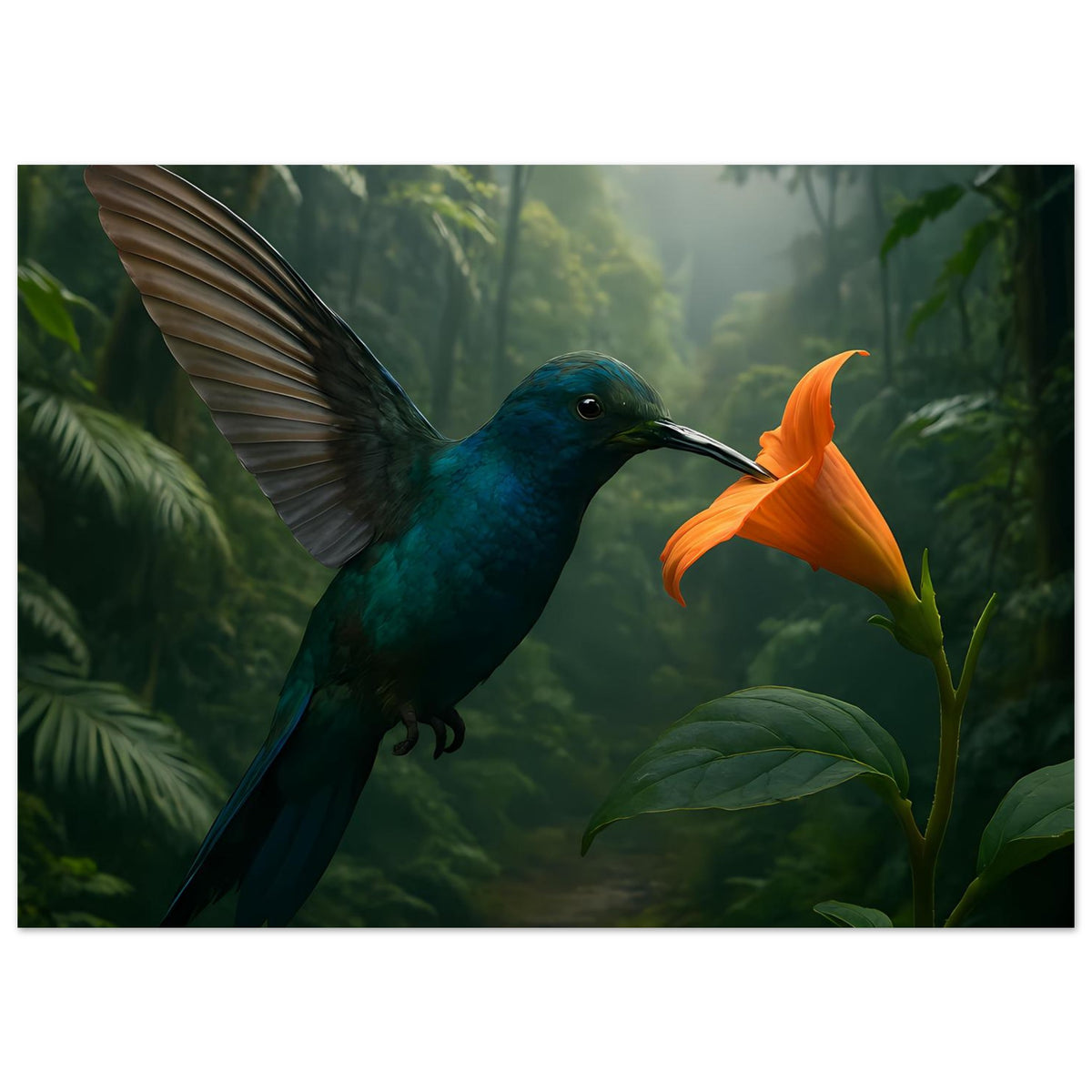 Horizontales Poster mit blauem Kolibri im Flug und orangefarbener Blüte vor Blättern.