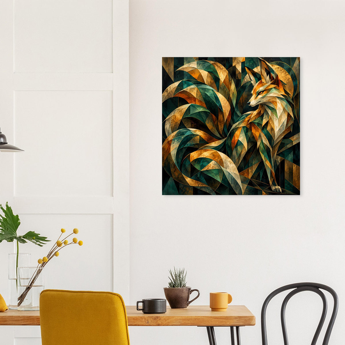 Quadratisches Kunstposter mit Fuchs in Prismenoptik, dunkelgrünem und goldenem Farbverlauf