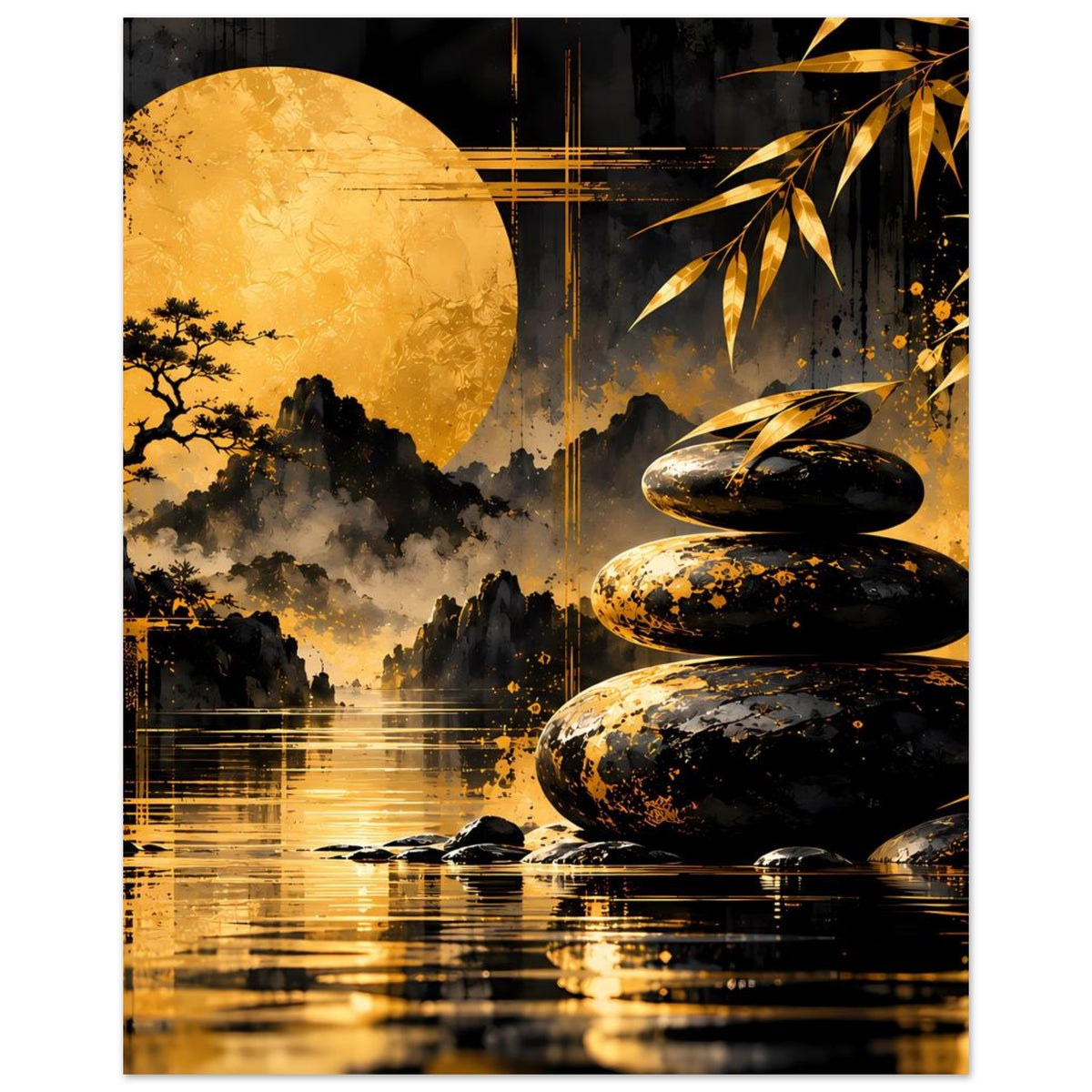 Zen-Harmonie-Poster mit goldenem Mond, Nebelwald, Zen-Steinen und Wasserreflexen