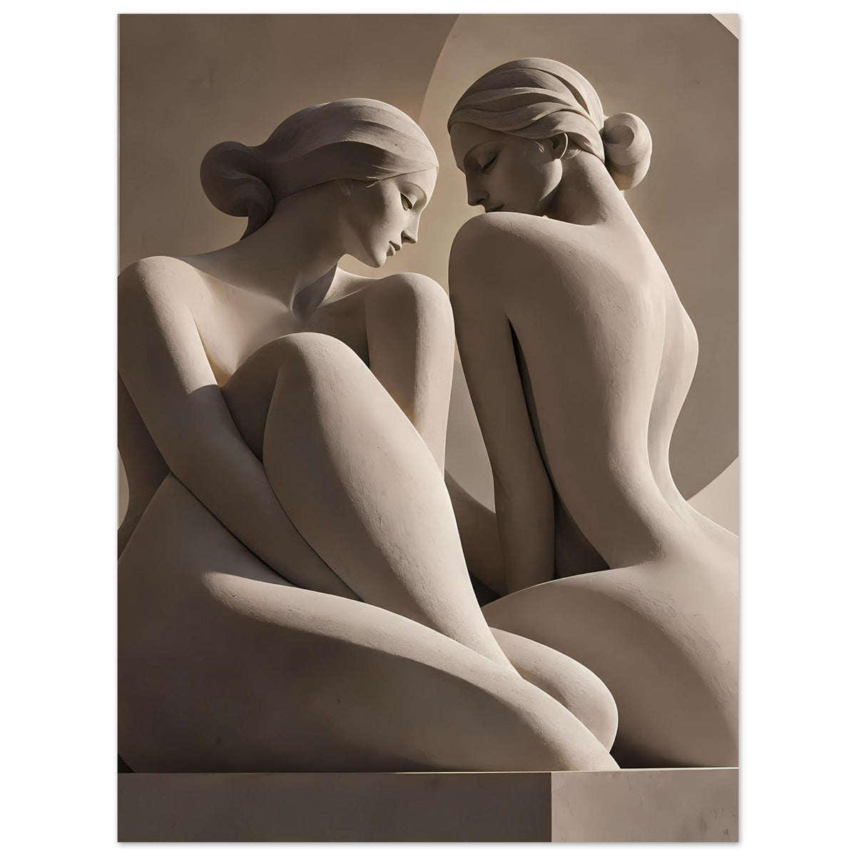 Kunstdruck mit zwei antiken Aktfiguren, enge Sitzpose, Köpfe im Profil, monochrom