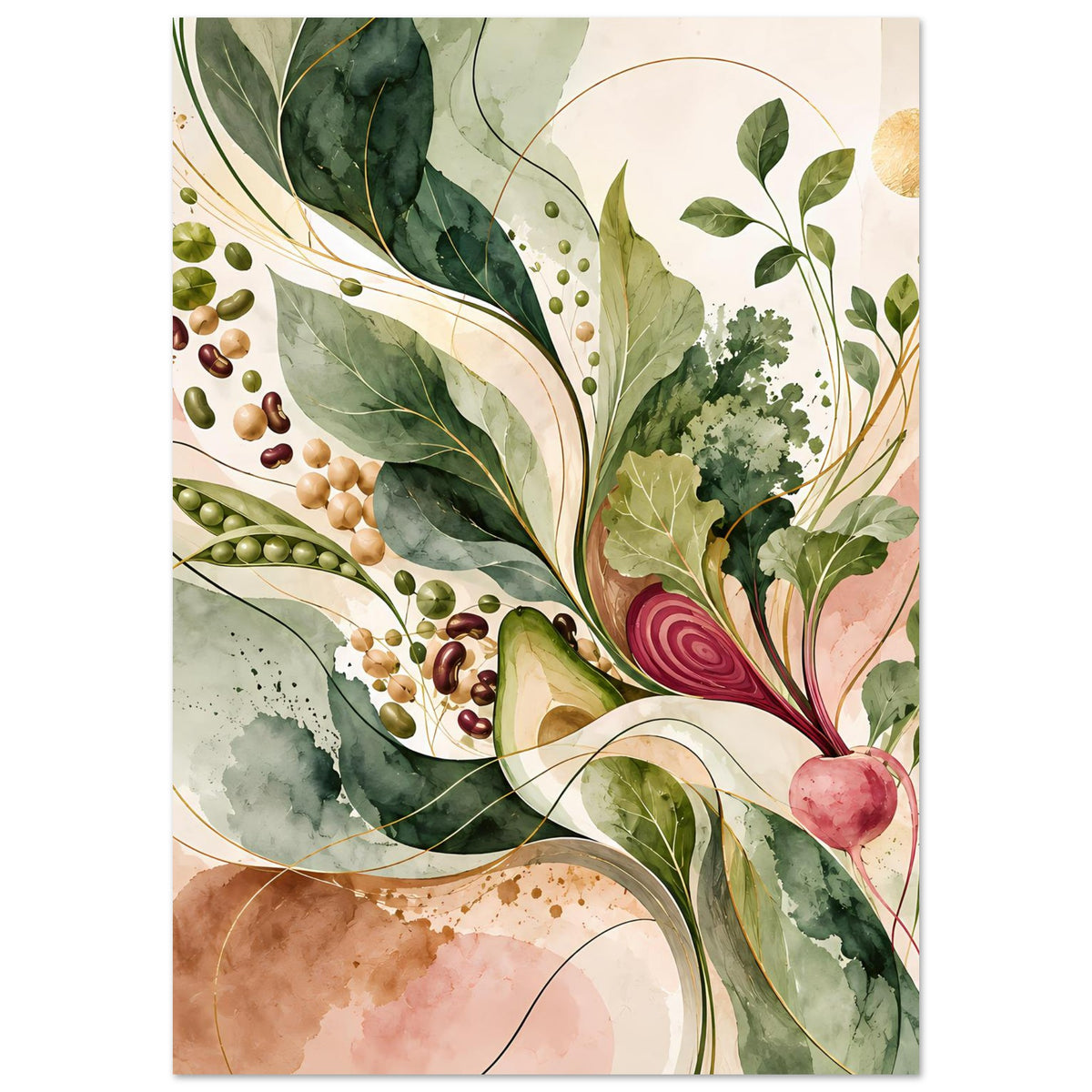 Naturposter mit grünen Blattlagen, goldenen Kreisen und roten Wurzel-Illustrationen in Aquarelloptik