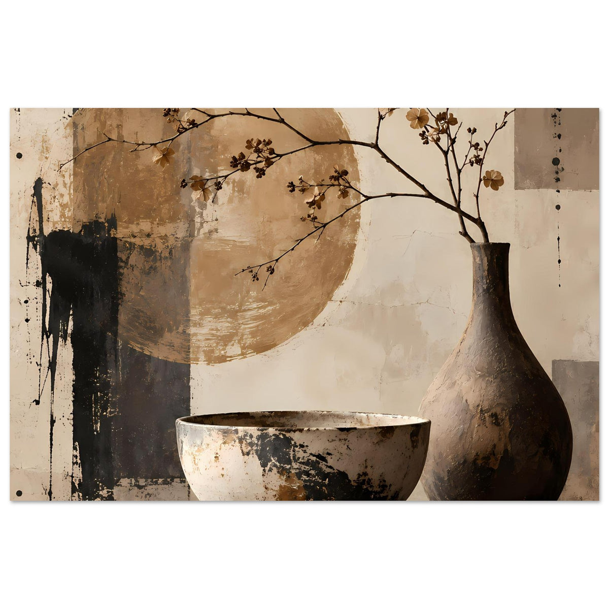 Stilllebenposter mit Vase und Schüssel; braune Zweige mit Blüten vor abstrakter Kreisform