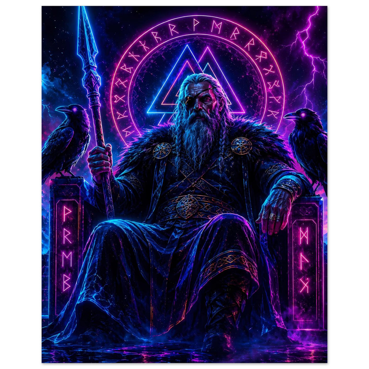 Fantasy-Poster: stehender Wikingerkönig mit Umhang, leuchtende Runenringe und Blitzeffekte