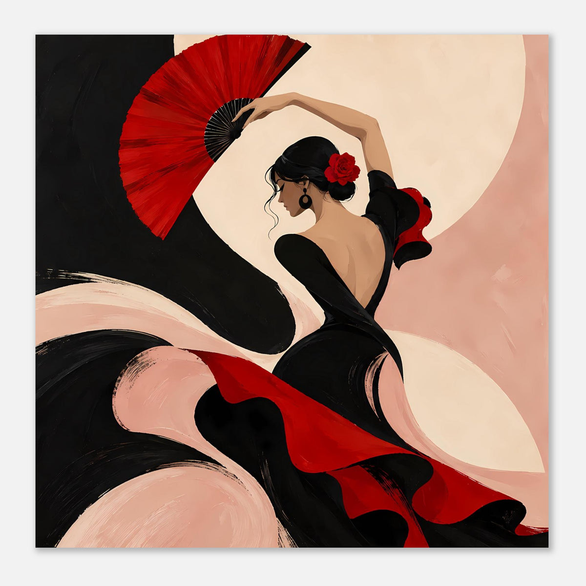 Poster mit Flamenco-Tänzerin und rotem Fächer, schwarzem Kleid, roten Akzenten