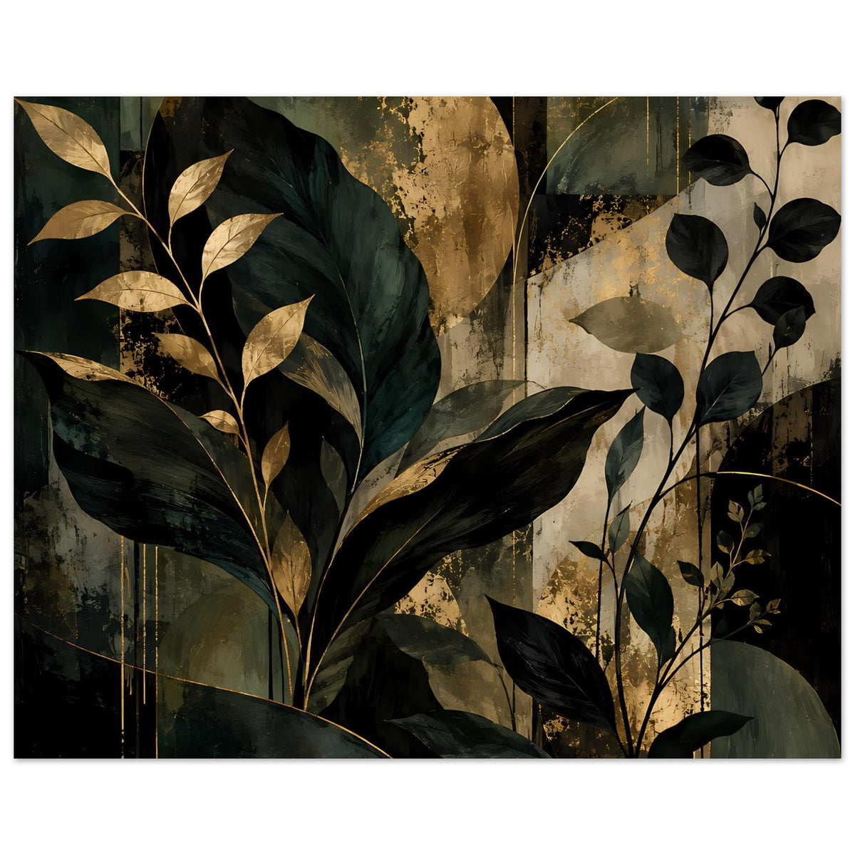 Botanisches Kunstposter mit großem Blattstamm, dunklem Grün und goldfarbenen Sprenkeln.