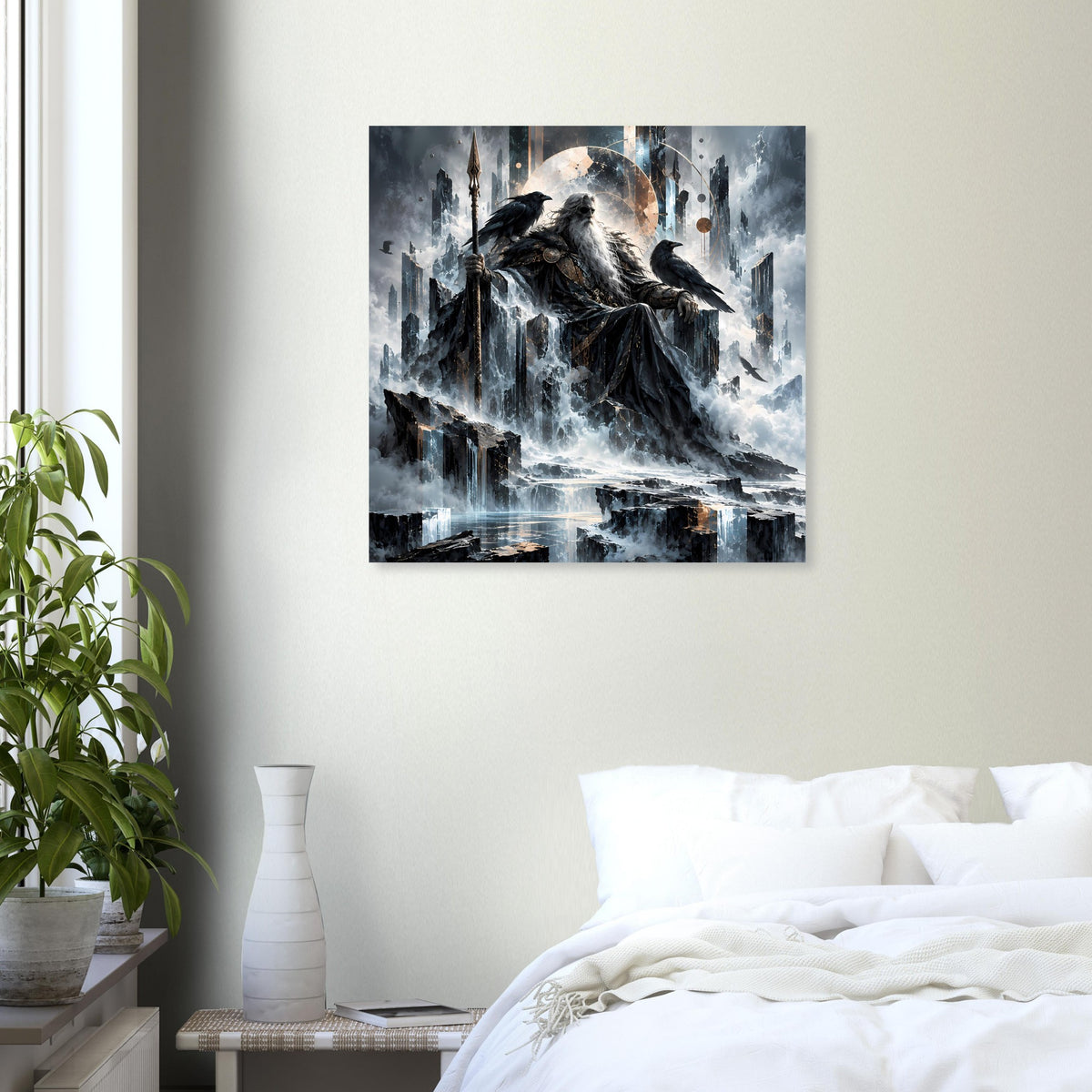 Mythologie-Poster mit nordischem Gott auf Thron und Raben über Wasser und Nebel