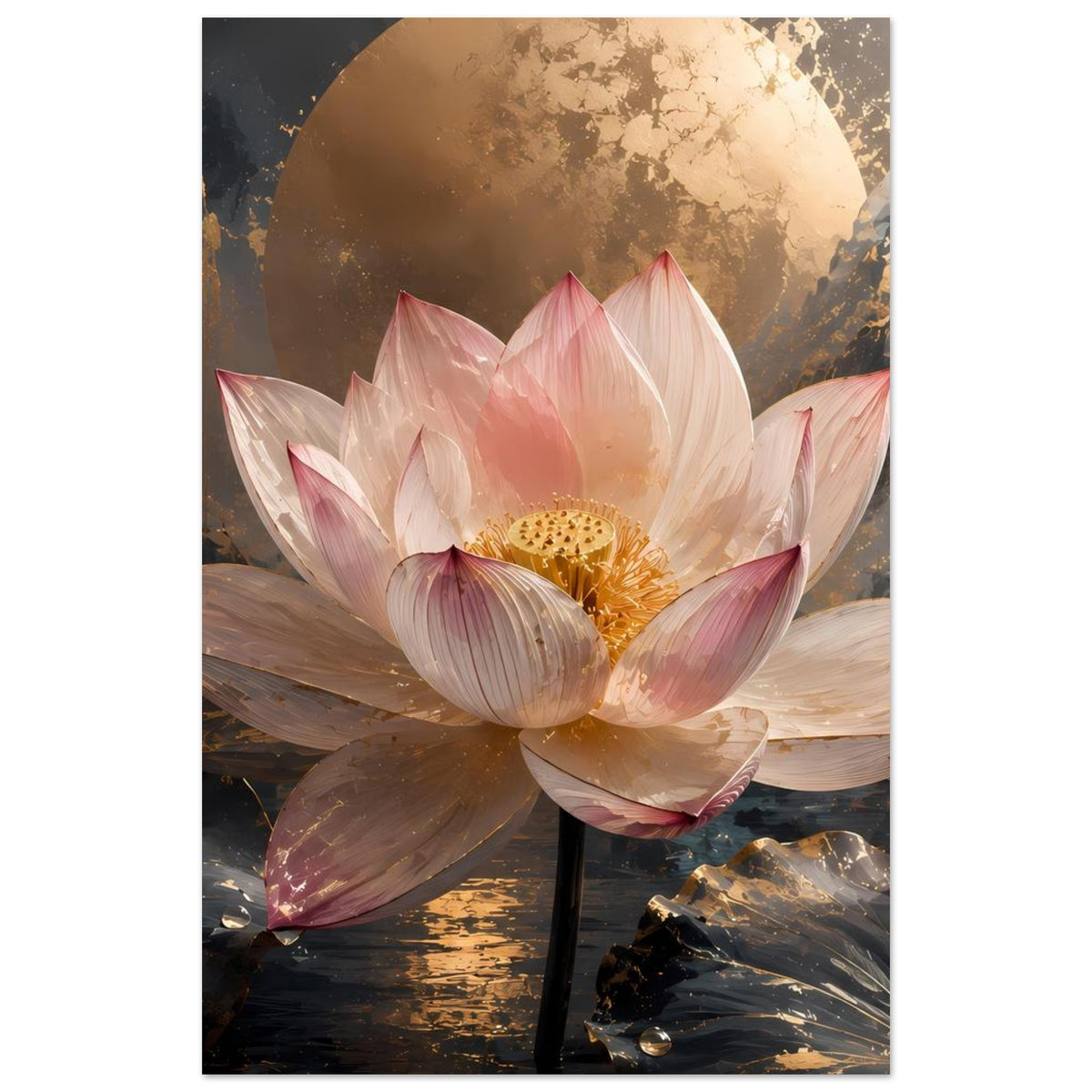 Poster mit rosa Lotusblüte, goldener Mondscheibe und ausgebreiteten Blütenblättern
