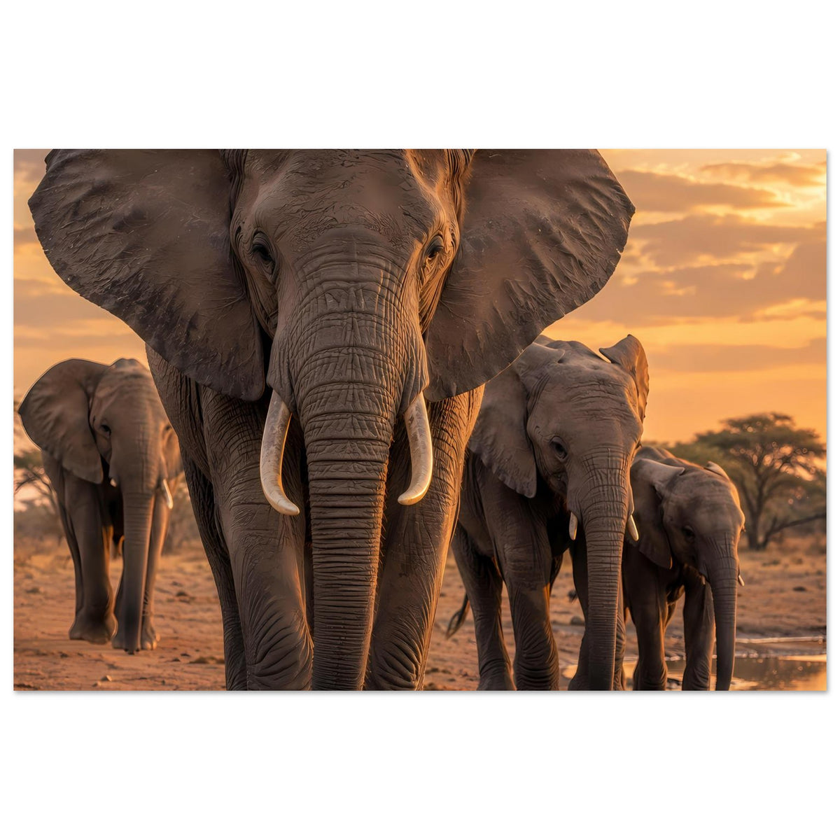 Poster im Querformat: Elefantenherde, enger Ausschnitt mit Großelefant vorn, weitere Tiere