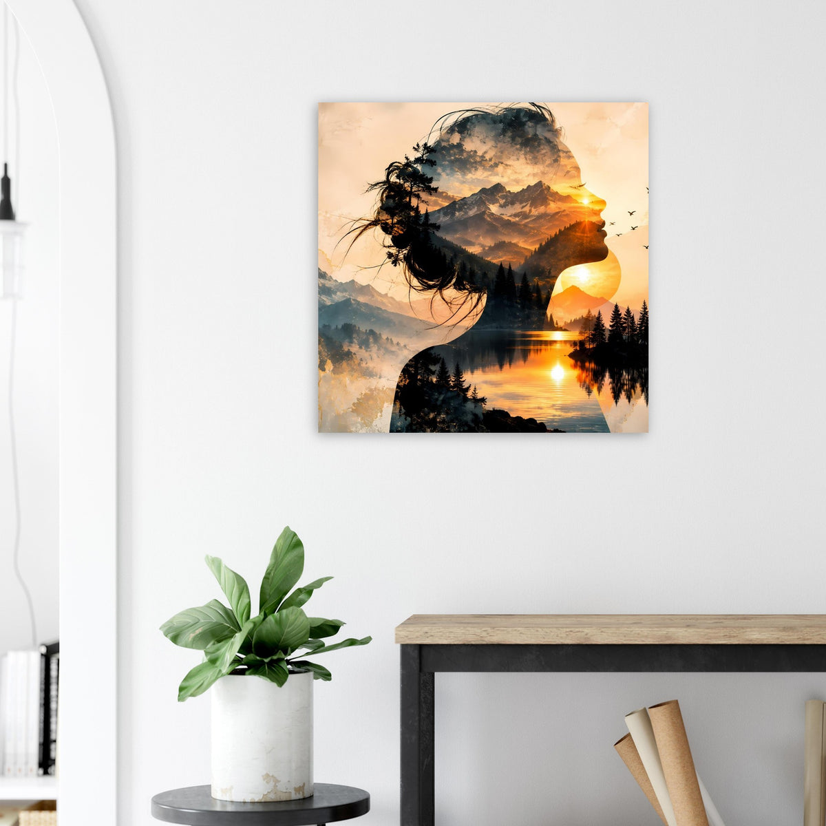 Poster mit Doppelbelichtung: Frauenprofil, Berge und See bei Sonnenuntergang.