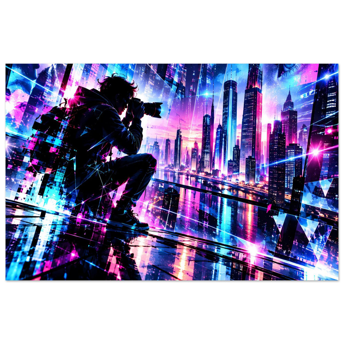 Poster mit futuristischer Neonstadt bei Nacht und spielendem Silhouetten-Cybercharakter