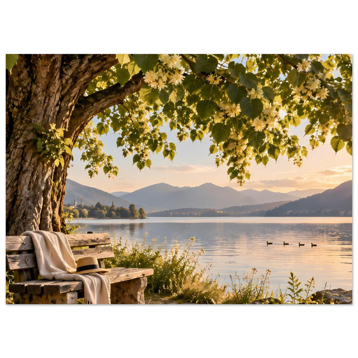 Landschafts-Porträtposter: große Baumkrone, ruhiger See mit Enten, Berge und Bank am Ufer