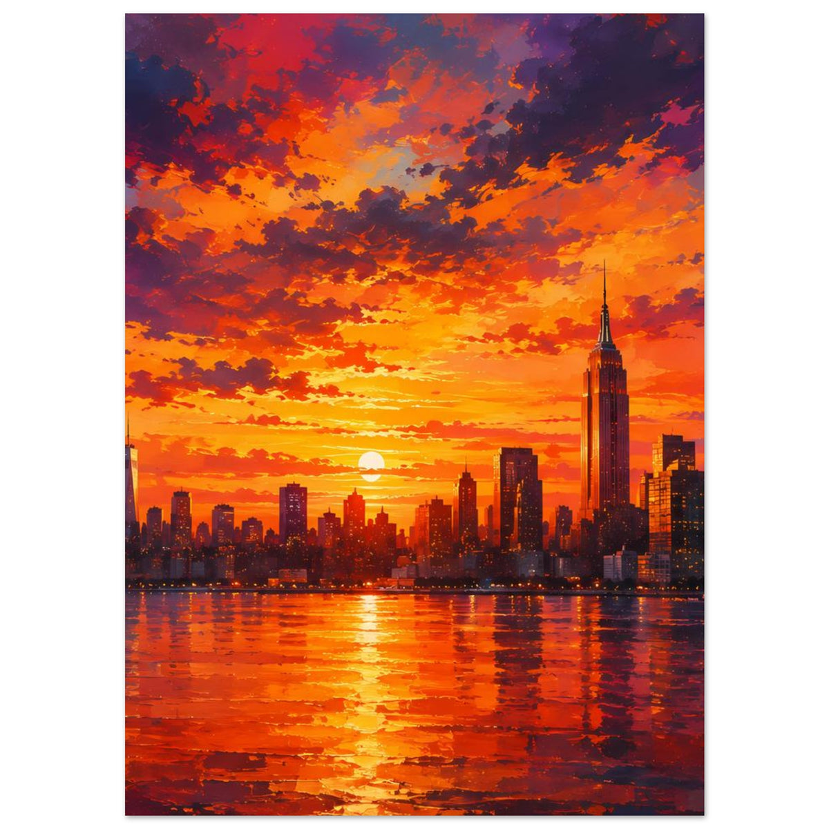 Poster im Hochformat mit Stadtblick, Sonne am Horizont und Spiegelung im Wasser