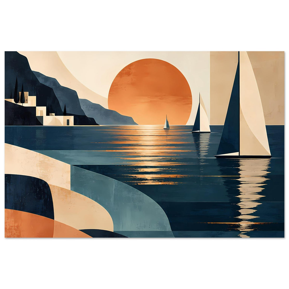 Landschaftsposter mit Segelbooten, Abendsonne und geometrischen Uferformen, Blau-Orange, Querformat