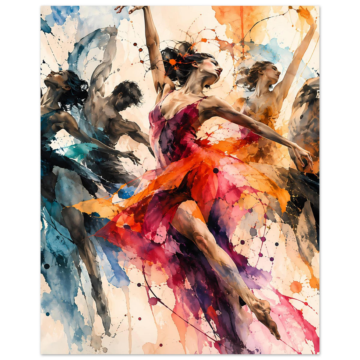 Vertikales Tanzkunst-Poster: Balletttänzerin in mehrfarbigem Kleid mit dynamischer Pose
