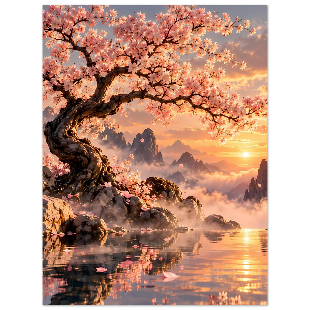 Vertikaler Kunstdruck mit Kirschblüten, schwarzem Baumstamm, See und warmem Sonnenuntergang